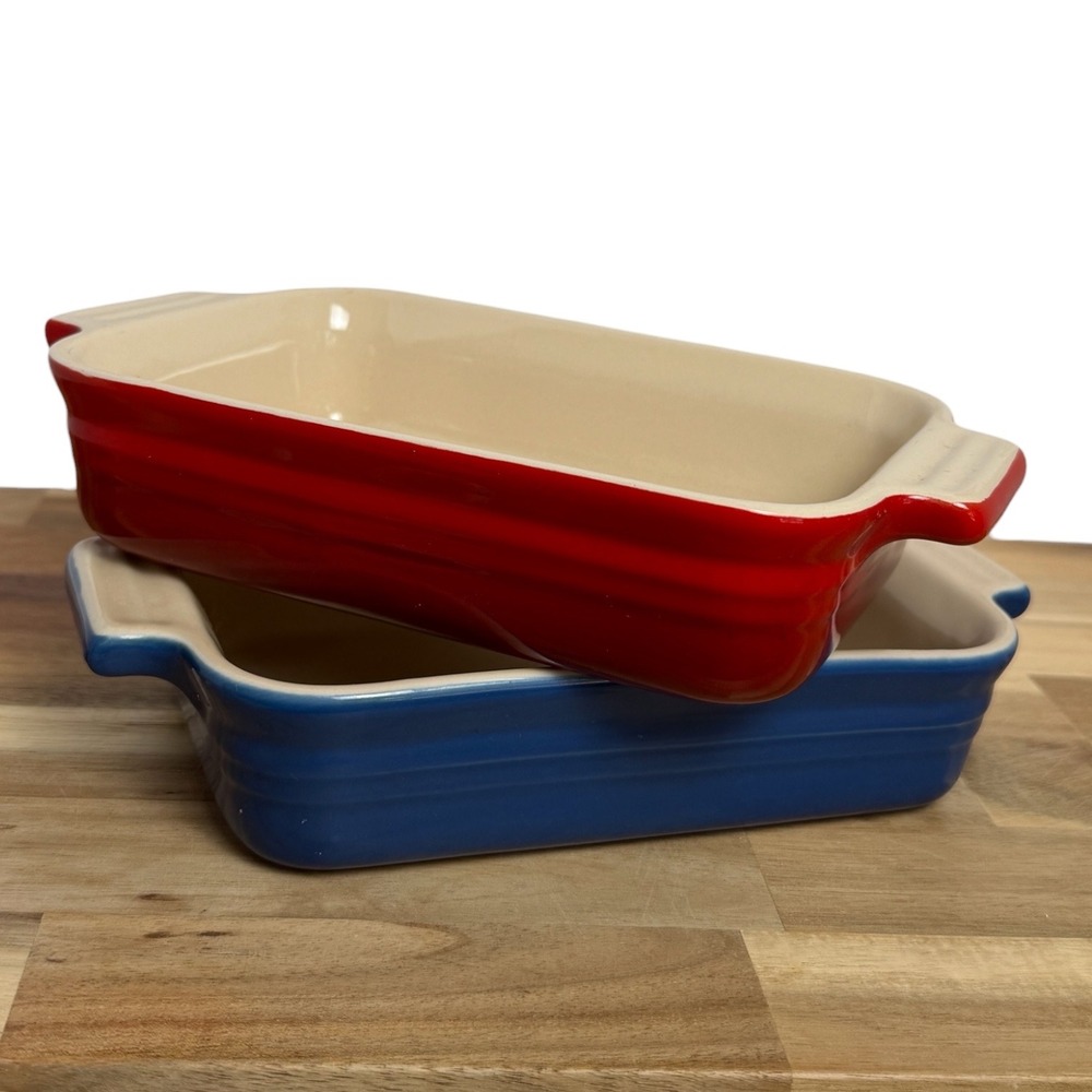 Le Creuset 1 Qt Mini Rectangular Baking Dishes 7x5 Stoneware Red Blue Set of 2